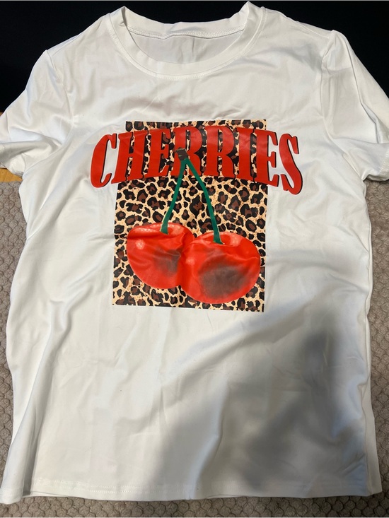 Amazon Tops - Amazon White Short-Sleeve Tee with Red Cherry & Leopard Print Panel